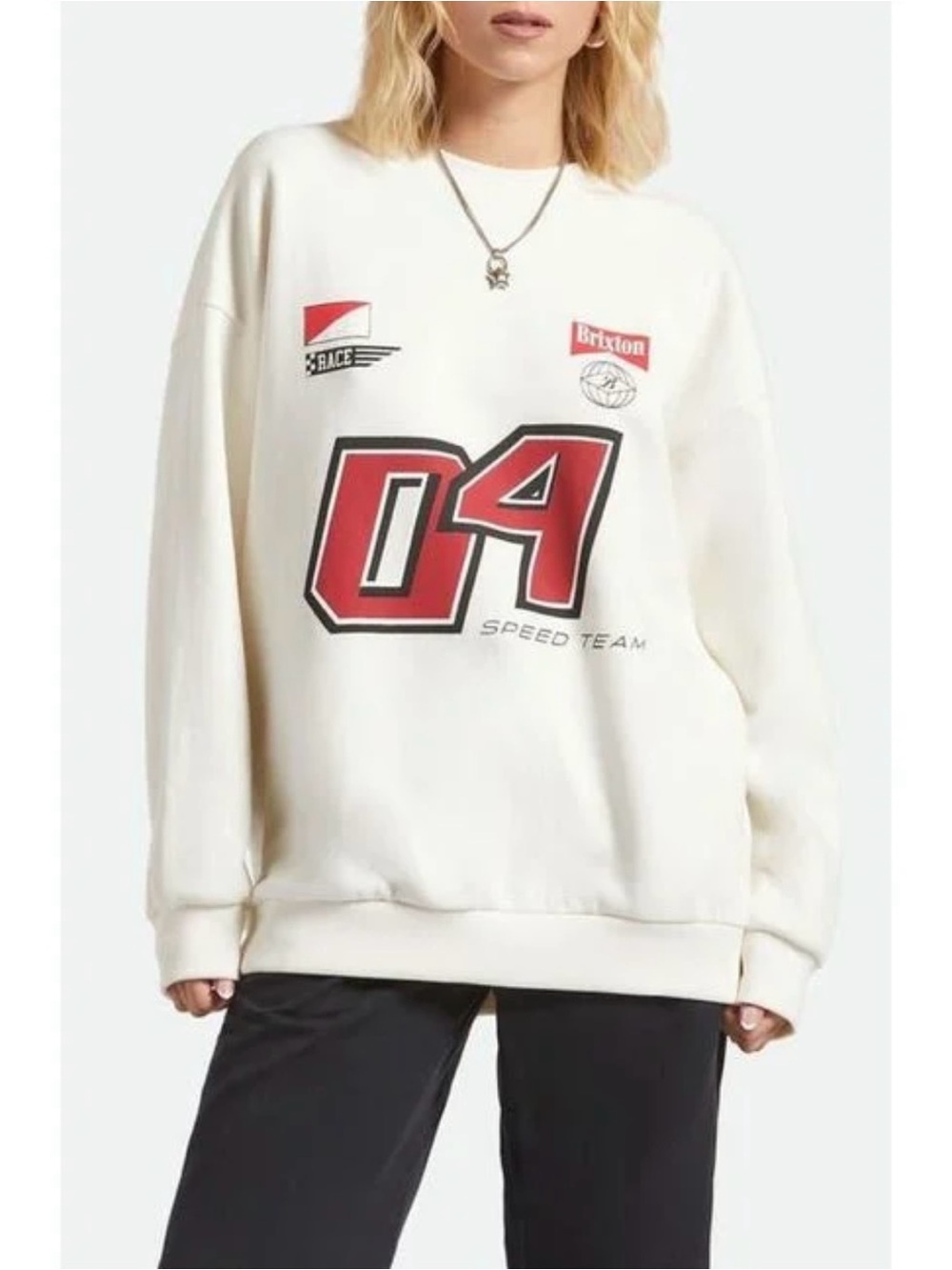 Brixton White Crewneck Sweatshirt with Red '04 Racing Graphic